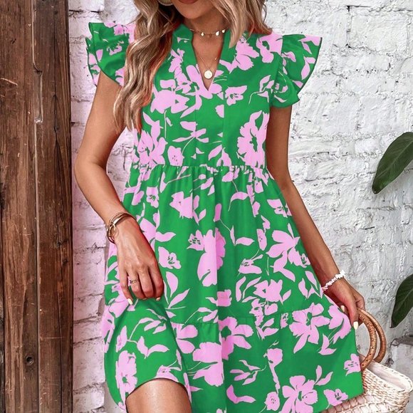 Green Boho Womens Floral Print Butterfly Sleeve Ruffle Hem Smock Dress - Picture 5 of 5